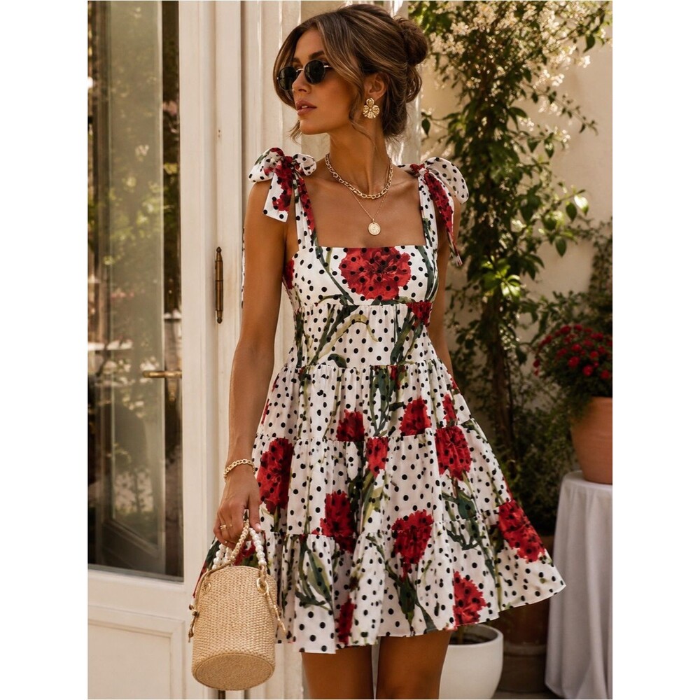 Dolce & Gabbana Carnation And Polka-Dot Print Dress Size 42 S/M